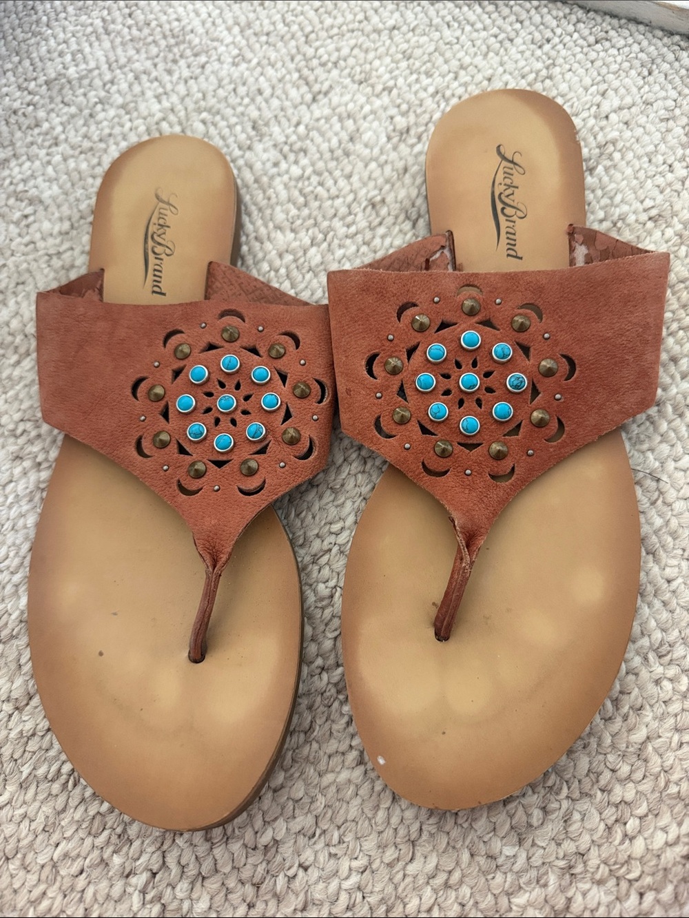 Lucky Brand Women's Brown Suede Thong Sandals with Turquoise Accent